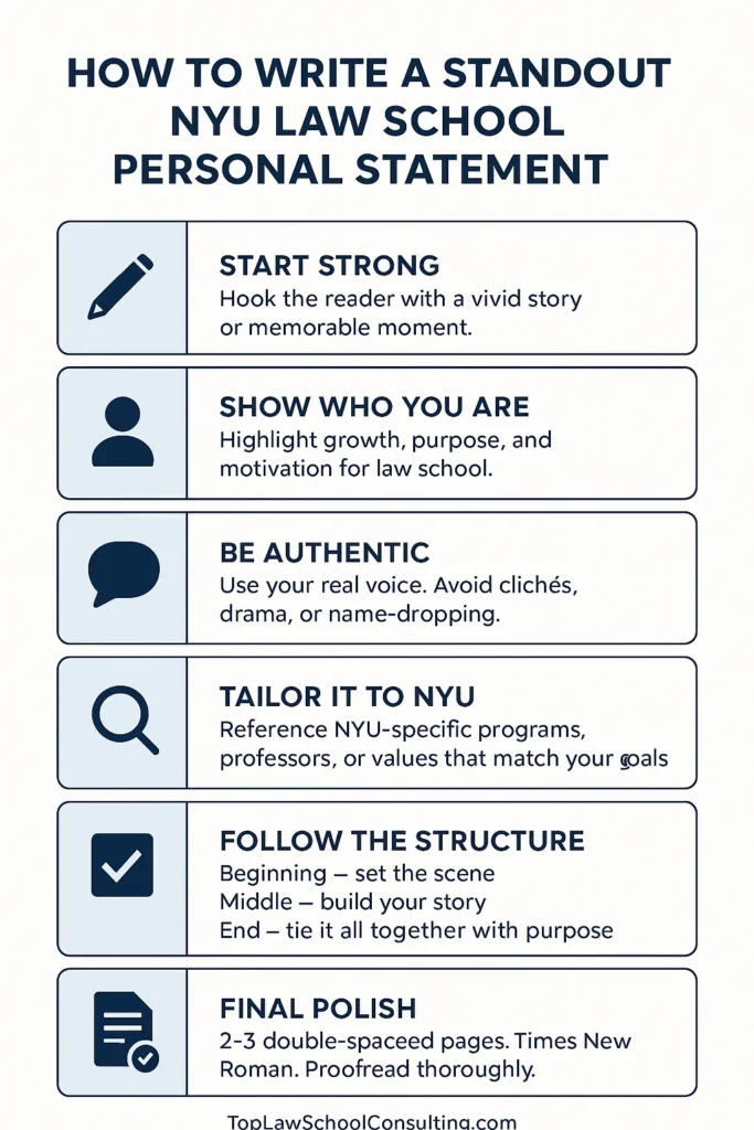 Visual listing the steps to writing a NYU law school personal statement