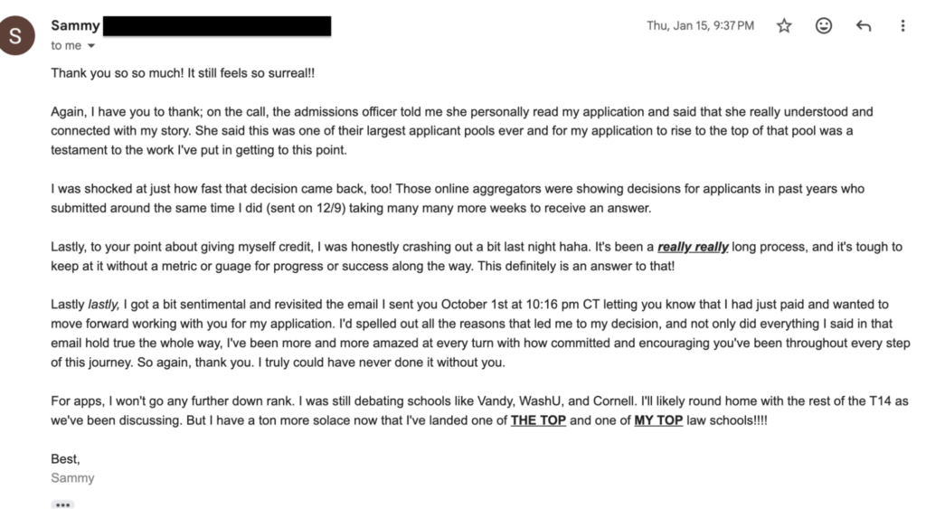 Detailed email from Sammy explaining how an NYU admissions officer personally praised his application narrative for standing out in a record-breaking applicant pool after working with Mara.