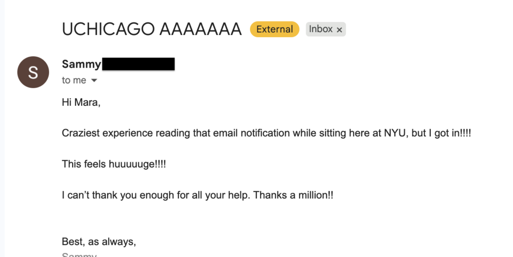Email notification from Sammy confirming his acceptance to UChicago Law School while visiting NYU. He expresses gratitude for the "huge" results achieved through the consulting process.